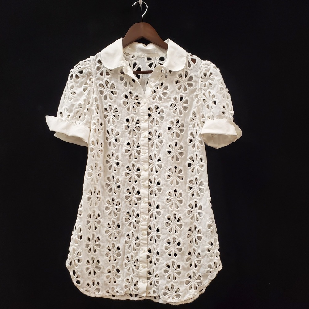 Anne Fontaine Womens Sheer Eyelet Top Size 42 EUR 10 US Floral Long Button Up